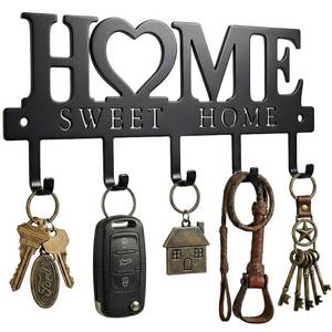 lot 31297 image: WIPHANY Entryway Wall Key Holder with 5 Hooks, Metal Key Rack Wall Mount for Keys, Bags and Leashes, Decorative Organizer for Entryway, Mudroom or Hallway, Sweet Home Design, 9.8 inches, Black - Retail $8