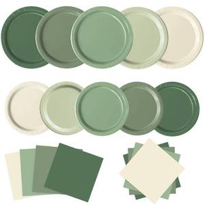 lot 31316 image: Oigco 60 PCS Sage Green Paper Plates, Sage Green Birthday Decorations, Gradient Plates and Napkins for Birthday Wedding Bridal Baby Shower Party Supplies - Retail $14