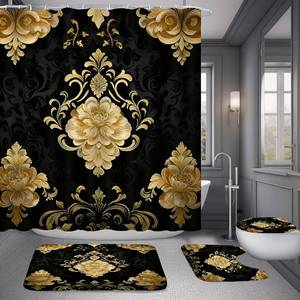 lot 31347 image: NBVKO 4Pcs Luxury Damascus Gold Flower Pattern Shower Curtain Set with 12 Hooks Non-Slip Rugs,Toilet Lid Cover and Bath Mat,Dark Gold Bathroom Decor for Hotel & Home Bathroom - Retail $20