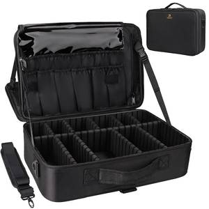 lot 31348 image: Relavel Makeup Case Large Makeup Bag Professional Train Case 16.5 inches Travel Cosmetic Organizer Brush Holder Waterproof Makeup Artist Storage Box, 3 Layer Large Capacity, with Adjustable Strap - Retail $34