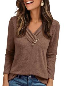 lot 42648 image: AUTOMET Womens Long Sleeve Tunic Top Lightweight Sweaters V Neck Button Shirts 2026 Dressy Casual Business Blouses Trendy Sweatshirt Fall Fashion Clothing Chocolate S - Retail $20