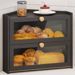 lot 60505 image: JANSNIMEN Black Corner Bread Box for Kitchen Countertop, Large Bread Container Storage Bamboo Wooden Farmhouse Bread Box with Window Bread Holder - Retail $43