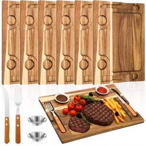 lot 62150 image: Honeydak 6 Set Acacia Wooden Steak Board Steak Plate Cutting Board with Fork, Knife and Sauce Cups 15.7 Inches Wood Serving Tray for Cheese Charcuterie Meat and Poultry, Birthday Wedding Gift - Retail $80