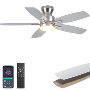 Ohniyou Ceiling Fans with Lights, 42'' Low Profile Ceiling Fan with Light and Remote/APP Control, Modern Flush Mount Ceiling Fan for Indoor Bedroom Kitchen, Dimmable, Quiet DC Motor, Silver - Retail: $85