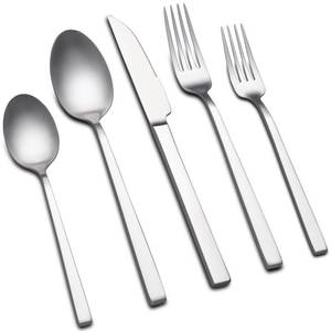 lot 62158 image: Forged Silverware Set for 8, 40-Piece Stainless Steel Matte Satin Finish Flatware Set Silverware Cutlery Set Tableware Modern Kitchen Utensils Set for Home Restaurant, Dishwasher Safe - Retail $60