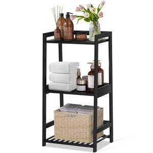 lot 62677 image: POXAKA 3 Tier Bamboo Bathroom Shelves, Ladder Shelf for Storage, Rustic Home Organizer, Space-Saving Design, Stylish Display Nightstand, Stylish Storage Solution for Home, Living Room, Kitchen - Retail $50