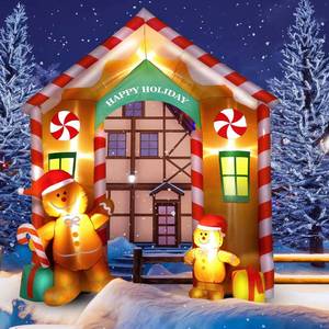 lot 23887 image: 9.97 ft Inflatable Christmas Arch Outdoor Decoration Blow up Gingerbread Man Cookie House and Peppermint Decor with LED Lights Set for Indoor Outdoor Porch Door Garden Inflatable Xmas Arch Supplies - Retail $100