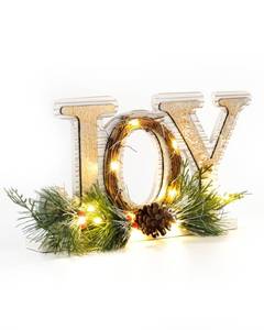 lot 23898 image: DN DECONATION Rustic Wooden Tabletop Christmas Joy Sign Decoration Indoor-Lighted White and Gold Xmas Joy Decorated with Pine Branch, Cone & Red Berries for Table Fireplace Mantel Home Decor - Retail $22