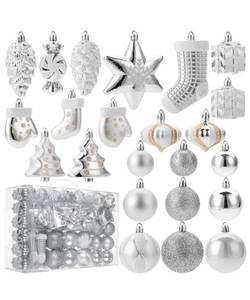 lot 23900 image: Mr. Pen- Assorted Christmas Tree Ornaments Set, 77 pcs, Silver Holiday Ornaments, Shatterproof Plastic Decorations with Gold Hanging Thread, Classic Ball & Festive Shapes for Christmas Tree Decor