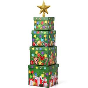 lot 23901 image: Cinnvoice 4 Pcs Christmas Nesting Gift Boxes with Christmas Star Tree Topper Hard Xmas Stackable with Lids Nested Present Boxes for New Year Birthday Party Gift Decor Supplies - Retail $20