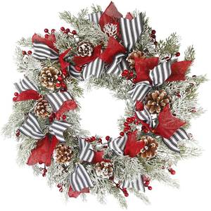 lot 23903 image: ACRYCS Christmas Wreath for Front Door 18 Christmas Door Wreath with Red Ribbon Berries Pincones Snow Xmas Winter Garland for Window Wall Outdoor Hanging Decor - Retail $20