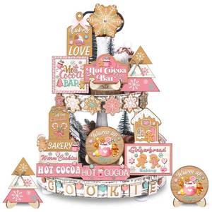 lot 23921 image: Youyole 30 Pcs Christmas Gingerbread Tiered Tray Decor Hot Cocoa Pink Christmas Wooden Sign Tabletop Centerpieces Tiered Tray Signs for Xmas Cafe Home Farmhouse Shelf Rustic Table Decoration