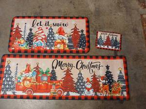 lot 23929 image: Christmas Holiday Kitchen Mat Set with Buffalo Plaid Border - Retail $25