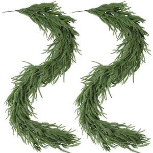 lot 23934 image: Celltestria 2Pcs 6FT Christmas Norfolk Pine Garlands Decoration, 120 Branches Real Touch Artificial Faux Green Pines Winter Garland for Fireplace Table Mantle Stairs Xmas Holiday Indoor Outdoor Decor - Retail $23