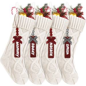 lot 23936 image: 4Pack Personalized Christmas Stockings with Wooden Name Tags, 18 inches Xmas Cable Knitted Stocking for Holiday, Hanging Decoration Gifts for Family Party(White) - Retail $18
