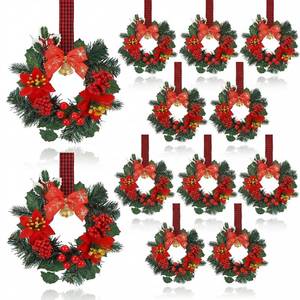 lot 23950 image: Zeyune 12 Pcs Small Christmas Wreaths for Kitchen Cabinets with Plaid Bow Ribbon Hanging Mini Christmas Cabinet Door Wreaths Decor for Kitchen Window Outdoor Indoor Holiday, 14.96 x 7.87 - Retail $34