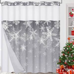 lot 23954 image: Likiyol Christmas No Hook Shower Curtain with Snap in Liner, Snowflake Grey Ombre Christmas Shower Curtain Set for Bathroom, Waterproof Hotel Style with See Through Mesh Top Window, 71Wx74H, Grey