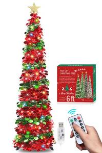 lot 23959 image: HMASYO 6 FT Pop Up Tinsel Christmas Tree with 100 Colored Timer Lights & Remote, Red Candy Collapsible Artificial Pencil Tree Xmas Decoration for Home, Office, Party, USB Powered, Easy Assembly