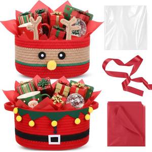 lot 23963 image: Zopeal 2 Pcs Christmas Woven Basket with Gift Bag, Ribbon and Red Tissue Paper Deer Woven Storage Bin Empty Basket Holiday Decorative for Xmas Gifts, 12 x 8 x 5 inch - Retail $18