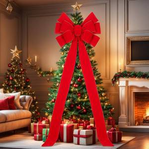 lot 23973 image: Norme 1 Pcs Red Extra Large Christmas Tree Decorations Bow Tree Topper with LED Light Christmas Velvet Polyester Bows with Long Streamers for Front Door Decor, 23.62 x 78.4 Inches - Retail $30