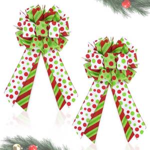lot 23976 image: 2 Pack Red Green Christmas Bows for Wreaths, Pre-Assembled 10 x 18 Inch Large Christmas Tree Topper Bow Ribbon Xmas Decorations Glitter Polka Dots Ornaments for Trees Garlands Indoor Outdoor Decors