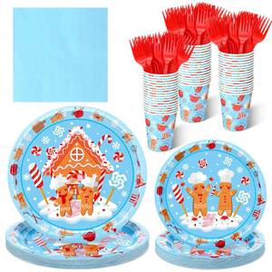 lot 23979 image: Zubebe 120 Pieces Christmas Gingerbread Man Party Supplies Paper Plates and Napkins 24 Guests Xmas Disposable Dinnerware Set Candy House Tableware for Christmas Decorations - Retail $19