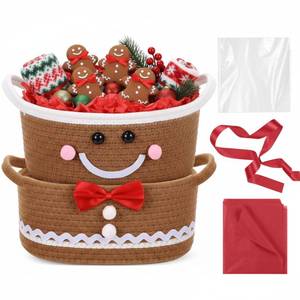 lot 23980 image: Zopeal 2 Pcs Christmas Woven Basket with Gift Bag, Ribbon and Red Tissue Paper Gingerbread Man Woven Storage Bin Empty Basket Holiday Decorative for Xmas Gifts, 12 x 8 x 5 inch - Retail $28