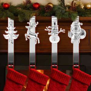 lot 23983 image: ANOEPUY Stocking Holders for Mantel, 4 PCS Mantle Garland Hanger Snowman, Reindeer, Christmas Tree and Father Christmas Designs, with Non-Slip Base Hooks, Silver - Retail $17