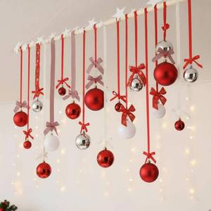 lot 23986 image: Suncalla 18 Pcs Christmas Wall Hanging Decor with Light Wooden Branch Christmas Plastic Balls Bow Xmas Wall Art for Home Ceiling Indoor Holiday Party Supplies Decor - Retail $18