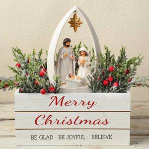lot 23992 image: Weysat Christmas Nativity Set Christmas Nativity Scene Centerpiece Indoor Decor with Wooden Basket Artificial Red Berry Picks Religious Mantle Shelf Decor Tabletop Jesus Figurine - Retail $32