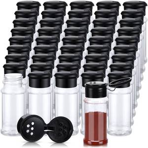 lot 25184 image: 50 Pcs Plastic Spice Jars with Shaker Lids Containers Black Plastic Spice Bottles Seasoning Shaker Jars 3.3 Oz 100ml Seasoning Holder for Storing Herbs Powders - Retail $24