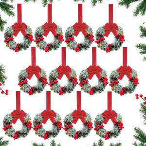 lot 25204 image: Moucuny 11 Pcs Christmas Small Cabinet Wreaths for Kitchen with Ribbon 8 Inches Mini Christmas Farmhouse Artificial Pine Cone Hanging Wreath for Front Door Window (Red) - Retail $46