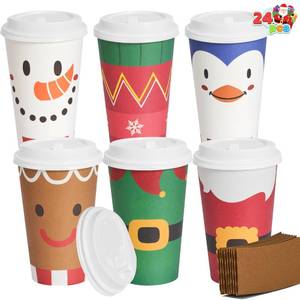 lot 25213 image: JOYIN 24 PCS Merry Christmas Disposable Paper Cups with Sleeves and Lids, 6 Designs Xmas Drinkware 16 oz, Snowflake Santa Elk Cups for Hot Coffee Cold Beverage Holiday Tableware Supplies Favors - Retail $25