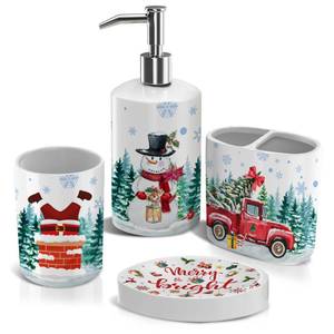lot 25214 image: Christmas Bathroom Decor, Christmas Bathroom Accessories Set 4, Snowman Soap Dispenser, Gnome Truck Toothbrush Holder, Merry & Bright Soap Dish