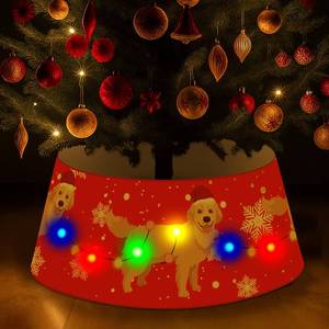 lot 25220 image: Dog Christmas Tree Collar Golden Retriever Christmas Decor Red Tree Skirt with LED Light Ring Base Cover for Christmas Trees Decoration Holiday Indoor Outdoor - Retail $30