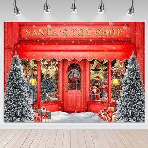 lot 25226 image: Mocsicka 10x8ft Christmas Santa Workshop Backdrop Santas Toy Shop Photo Xmas Family Holiday Photography Background Red Showcase Christmas Tree Candy Cane Christmas Backdrop - Retail $35