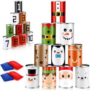 lot 25228 image: Libima Christmas Can Toss Game 10 Tin Cans in 10 Christmas Funny Face 4 Bean Bag Throwing Carnival Games Family Lawn Games for Adult Birthday Family Party Indoor Outdoor Beach Yard Camping(Classic) - Retail $20