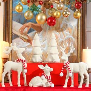 lot 25229 image: Lanpn 5 Pcs Christmas Velvet Reindeer & Tree Figurine Set, Flocking Xmas Reindeer Cone Trees Statue, Christmas Deer Decoration Elk Sculpture Home Tabletop Mantle Winter Holiday Decor, White