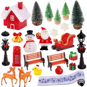 lot 25233 image: QAUYETM 24 Pcs Christmas Figurines Village Accessories Christmas Resin Figurines Pine Trees Elks Street Lights with Cobblestone Snow Mat Street for Xmas Town Village Fairy Garden Display - Retail $15