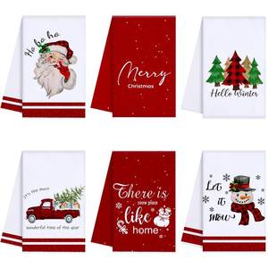 lot 25248 image: Oudain 6 Pcs Christmas Kitchen Towels Red and White Christmas Hand Towels Xmas Tree Snowman Dish Cloths 24 x 16 Inch Santa Truck Decorative Tea Dishcloths for Home Kitchen Bathroom Winter Xmas Gifts - Retail $13