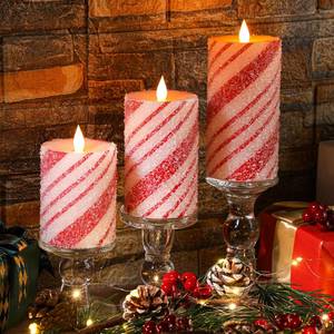 lot 25252 image: Baquler 3 Pcs Christmas Flameless Pillar Candles LED Candy Cane Peppermint Stripe Red and White Glitter Battery Operated Candles for Xmas Holiday Centerpiece Home Party Decor - Retail $28