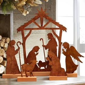 lot 25254 image: 5pcs Metal Rusty Christmas Nativity Sets Vintage Christmas Decorations Indoor Scene Farmhouse Rustic Nativity Set for Room Mantel Fireplace Shelf - Retail $12