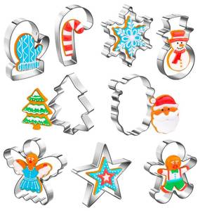 lot 26722 image: Christmas Cookie Cutters Set of 9 Pieces, Wmtidene Cookie Cutters Shapes for Winter Holiday, Metal includes Christmas Tree,Snowflake,Gingerbread Men,Angel,Star,Mitten,Candy Cane,Snowman - Retail $7