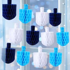 lot 26733 image: Feifeiya 11 Pcs Hanukkah Decorations Garland 5.5 Blue White Dreidels Honeycomb Ornaments Chanukah Hanging Decor for Hanukkah Party Decorations Dreidel Jewish Winter Home Tree Wall Decor (Blue Hues) - Retail $13