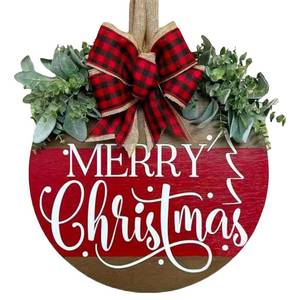 lot 26740 image: Merry Christmas Door Hanger Sign for Front, Chrismas Welcome Wooden Wreaths Sign with Bow for Winter Farmhouse Garden Porch Decorations (Christmas Door Sign) - Retail $17