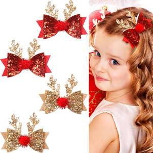lot 26743 image: 4 Pcs Christmas Hair Clips Xmas Bow Hair Accessories Cute Reindeer Antlers Ears Glitter Sequins Hair Barrettes Holiday Headdress Hairpin for Girls Women Kids Party Cosplay Prezzie - Retail $13