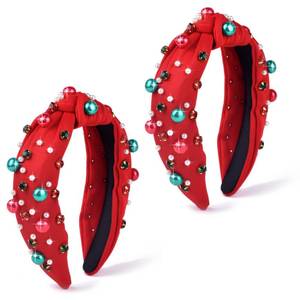 lot 26763 image: met-edianger 2Pcs Christmas Headband Red Pearl Rhinestone Beaded Hairband Xmas Wide Knot Hair Hoop Holiday Festival Gift for Women - Retail $12