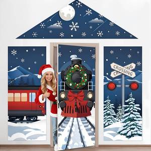lot 31222 image: Kathfly 4 Pcs Christmas Express Train Decoration Xmas Eve Steam Train Snowy Night Railroad Track Aisle Porch Decoration Christmas Hanging Banner Door Covers Party Backdrop for Home Classroom Decor - Retail $18