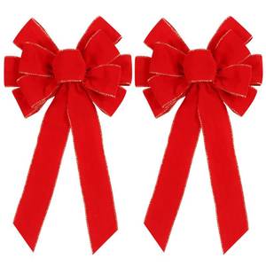 lot 31369 image: 2 Pack Red Christmas Bows Outdoor Decorations,12x20 Large Christmas Tree Topper Bow, Velvet Wreath Bow with Glitter Gold Edge for Xmas Home Front Door Decor - Retail $10