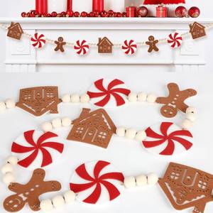 lot 31384 image: Christmas Garland 6.5Ft Felt Gingerbread Man Garland & House with Wood Beads Banner Rustic Gingerbread Ornaments Christmas Tree Ornaments for Home Office Decor - Retail $10